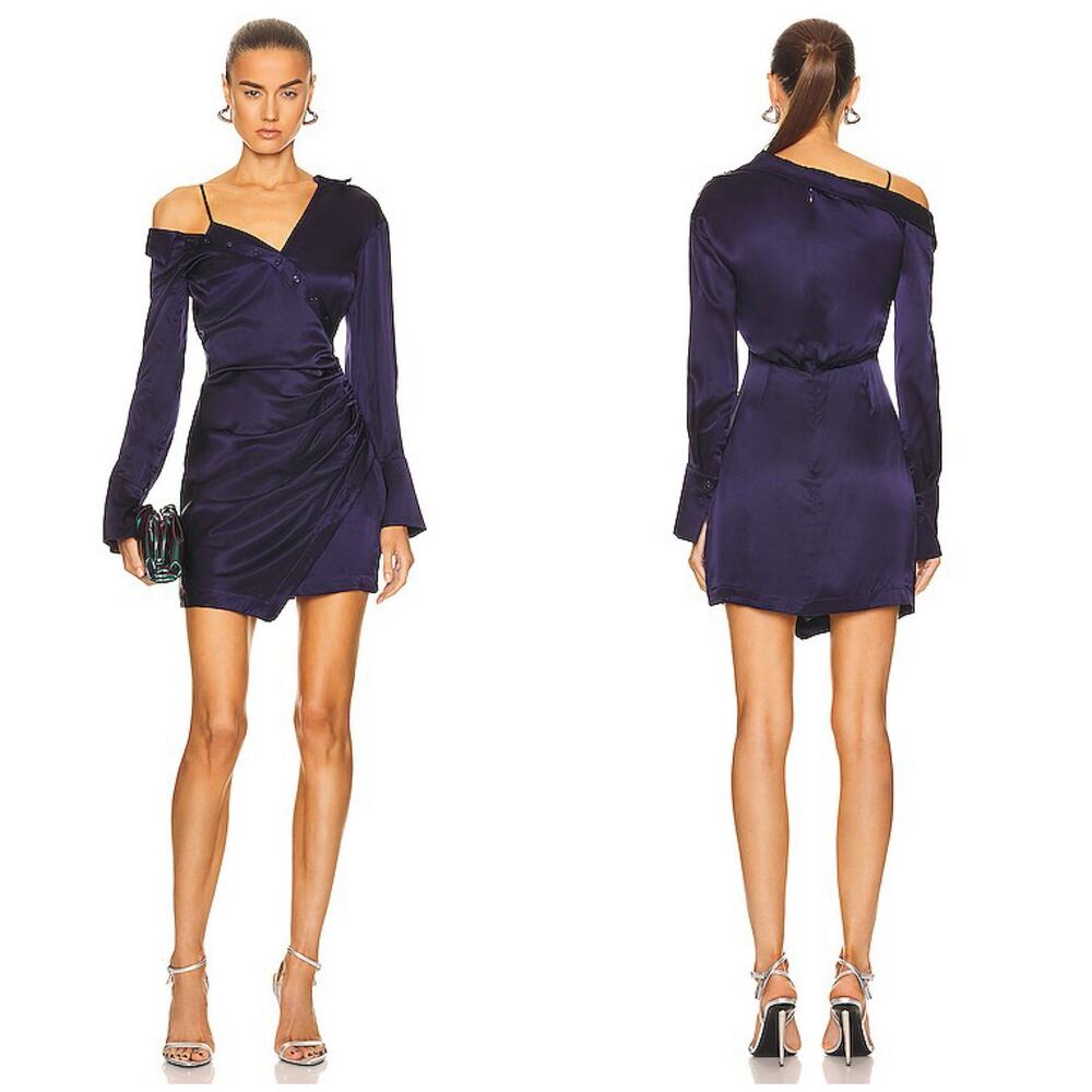 NICHOLAS Eliana Layered Asymmetric Drop Cold-Shoulder Ruched Satin Dress Navy